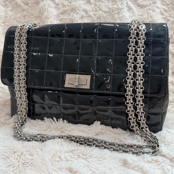 Chanel Chocolate Bar Flap Bag — Black Patent, Silver Hardware, 2000–2002, Medium - Picture 1 of 9